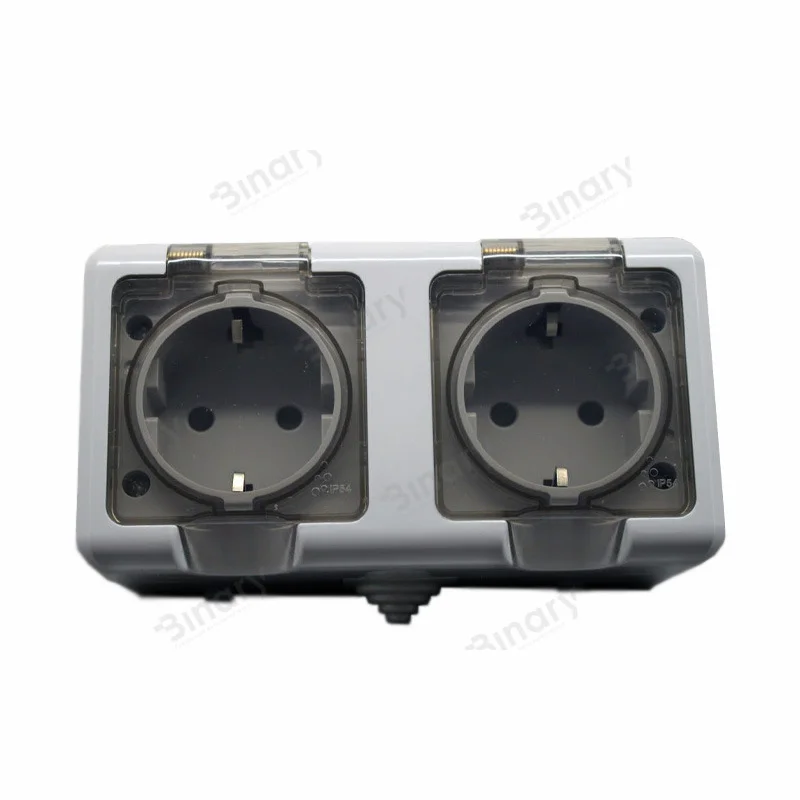 Розетка подвійна із заземленням та кришкою IP54 Сірий