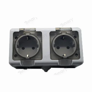 Розетка подвійна із заземленням та кришкою IP54 Сірий