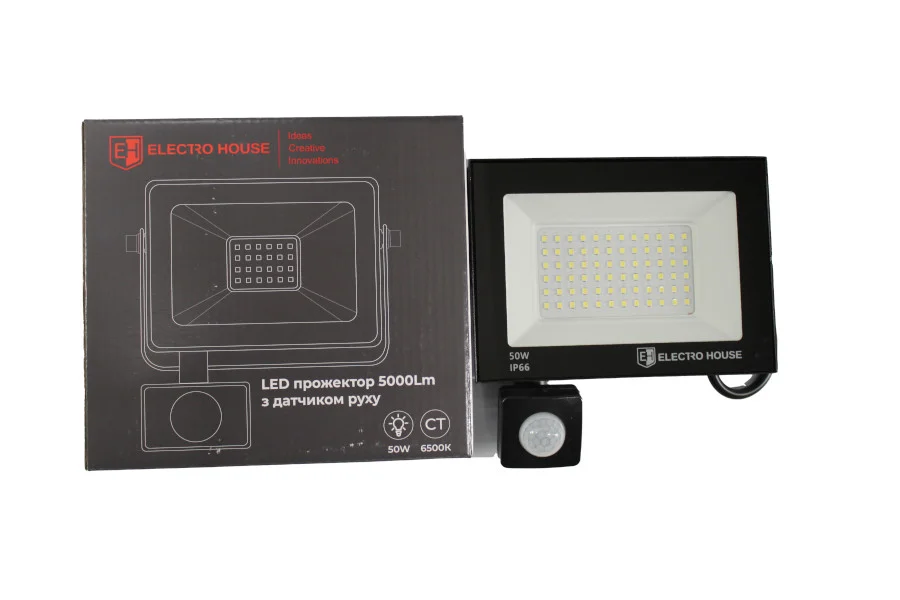LED прожектор з датчиком руху  50Вт  5000 Лм  6500К   холодний білий  SMD2835