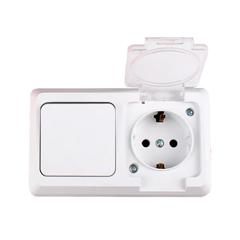 Розетка із заземленням та кришкою + вимикач одноклавішний 16A, Hummer , білий