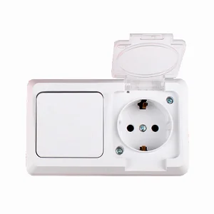 Розетка із заземленням та кришкою + вимикач одноклавішний 16A, Hummer , білий