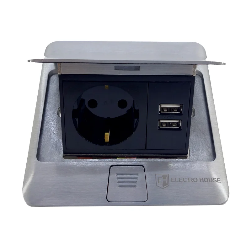 Розетка для підлоги з заземленням врізна 16А + 2USB 2.1А, IP44 , алюміній