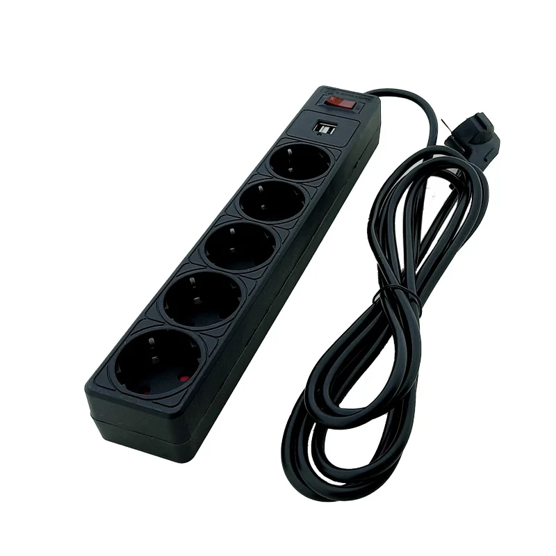 Мережевий фільтр із заземленням 5 гнізд + 2USB, 3 м, чорний, захисні шторки — фото 3