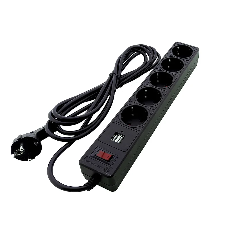 Мережевий фільтр із заземленням 5 гнізд + 2USB, 3 м, чорний, захисні шторки — фото 2