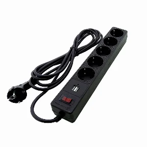 Мережевий фільтр із заземленням 5 гнізд + 2USB, 3 м, чорний, захисні шторки