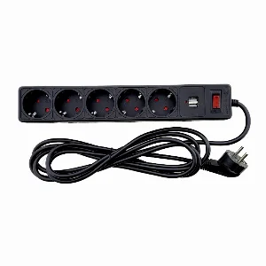 Мережевий фільтр із заземленням 5 гнізд + 2USB, 3 м, чорний, захисні шторки