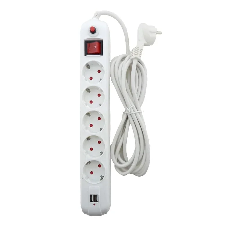 Мережевий фільтр із заземленням, з кнопкою перевантаження та вимикачем 5 гнізд + 2USB , 3 м, білий