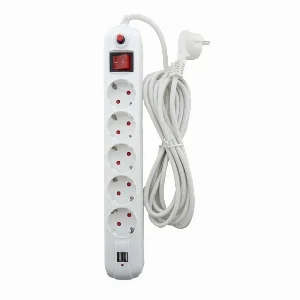 Мережевий фільтр із заземленням, з кнопкою перевантаження та вимикачем 5 гнізд + 2USB , 3 м, білий — фото 1