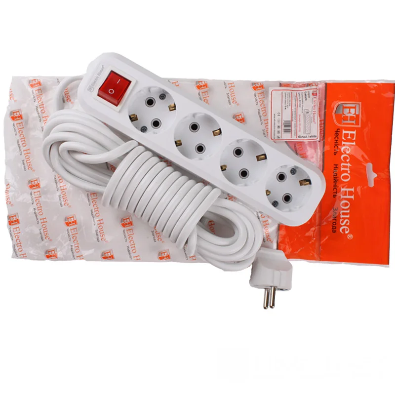 Подовжувач із заземленням з кнопкою 4  гнізда, 10 м, білий