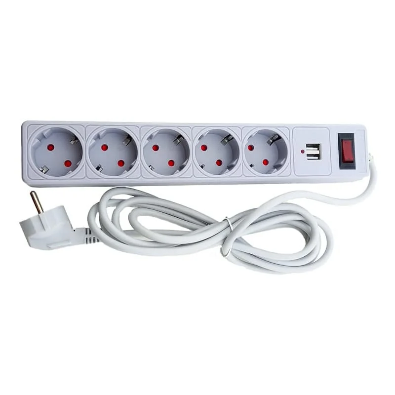 Мережевий фільтр 5 гнізд із заземленням, 3 м, 2USB, захисні шторки Сірий